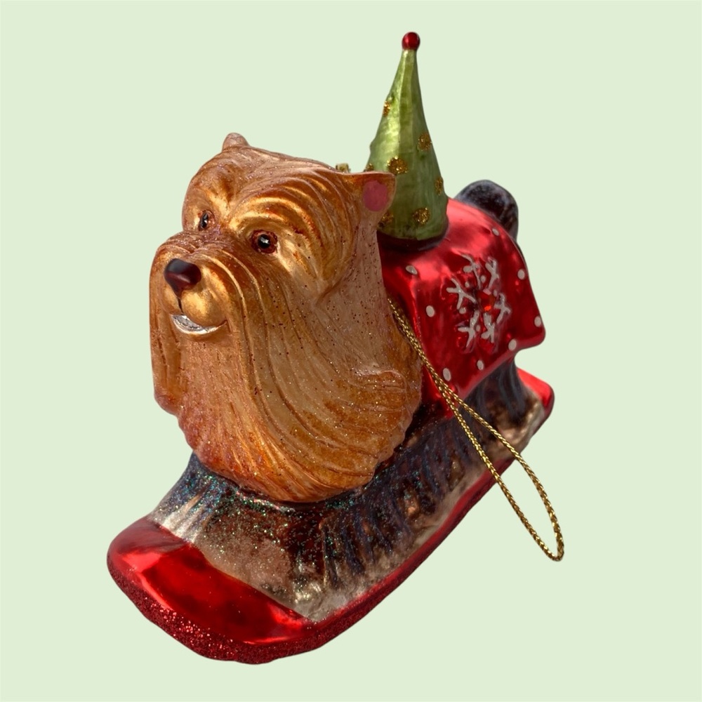 Yorkie on Glitter Sled Glass Christmas Ornament